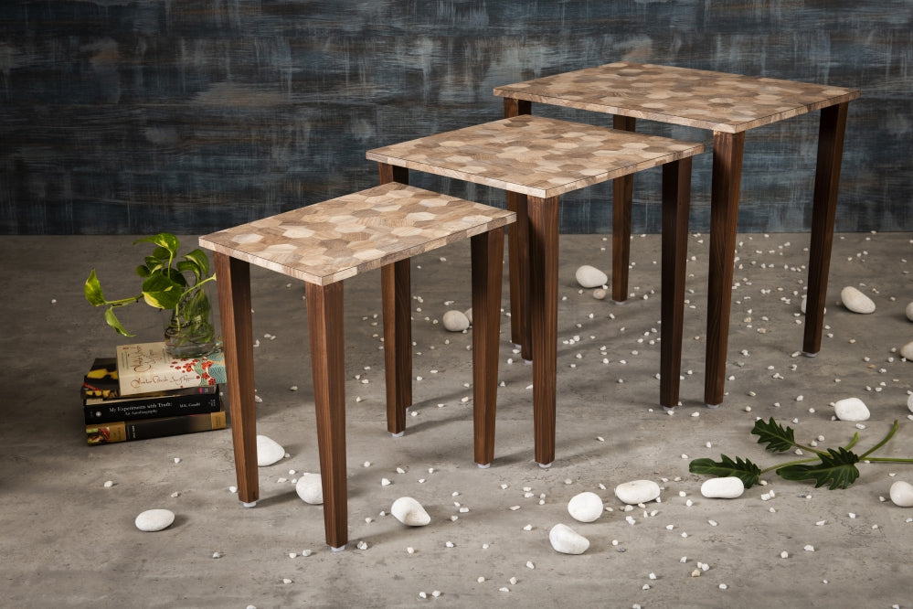 A Tiny Mistake Hexagon Patches Wooden Rectangle Nesting Tables (Set of 3), Living Room Decor