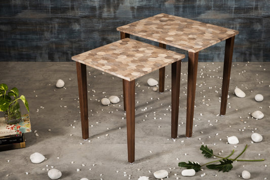A Tiny Mistake Hexagon Patches Wooden Rectangle Nesting Tables (Set of 2), Living Room Decor