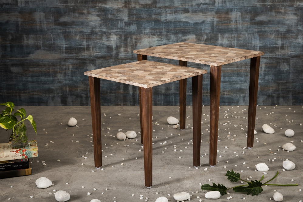 A Tiny Mistake Hexagon Patches Wooden Rectangle Nesting Tables (Set of 2), Living Room Decor