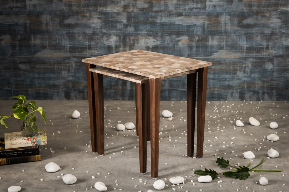 A Tiny Mistake Hexagon Patches Wooden Rectangle Nesting Tables (Set of 2), Living Room Decor