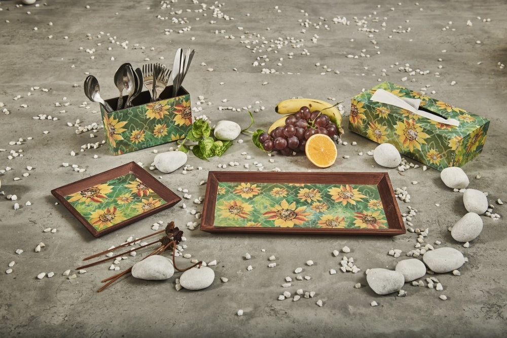 A Tiny Mistake Sunflowers Small Square Wooden Serving Tray, 18 x 18 x 2 cm