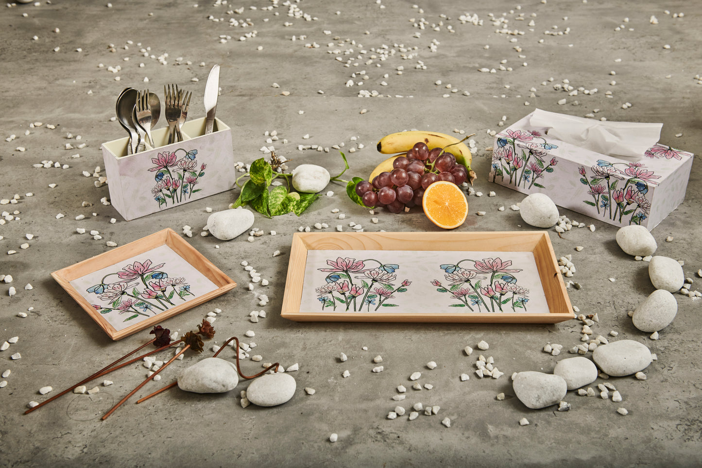 A Tiny Mistake Floral Caricature Trees Rectangle Wooden Serving Tray, 35 x 20 x 2 cm