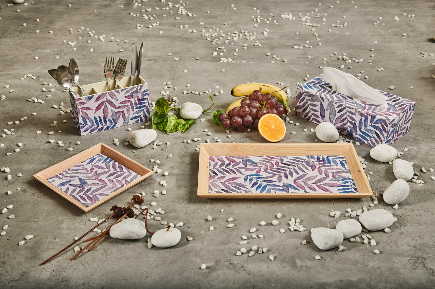 A Tiny Mistake Pastel Leaves Rectangle Wooden Serving Tray, 35 x 20 x 2 cm