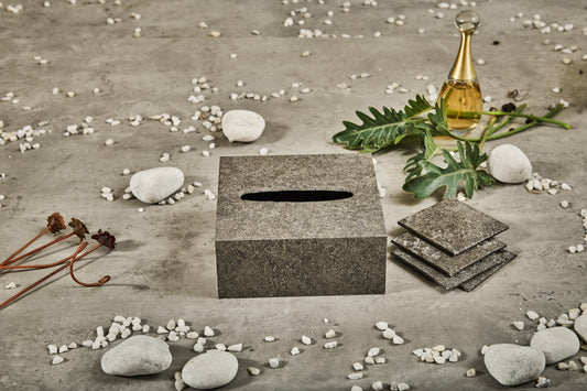 A Tiny Mistake Metallic Charcoal Square Tissue Box, 18 x 18 x 7.5 cm