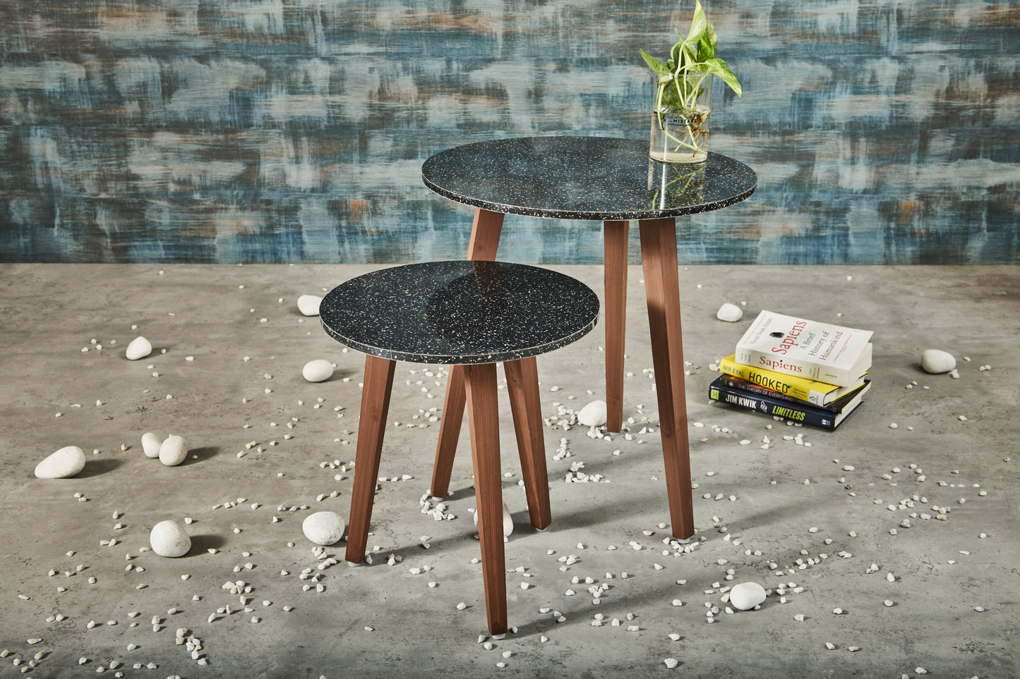 A Tiny Mistake Black Granite Finish Wooden Nesting Tables (Set of 2), Living Room Decor