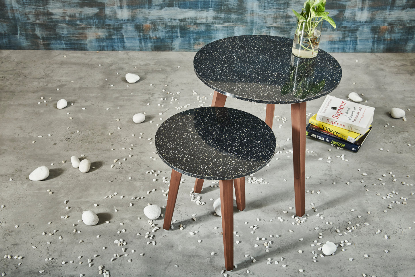 A Tiny Mistake Black Granite Finish Wooden Nesting Tables (Set of 2), Living Room Decor