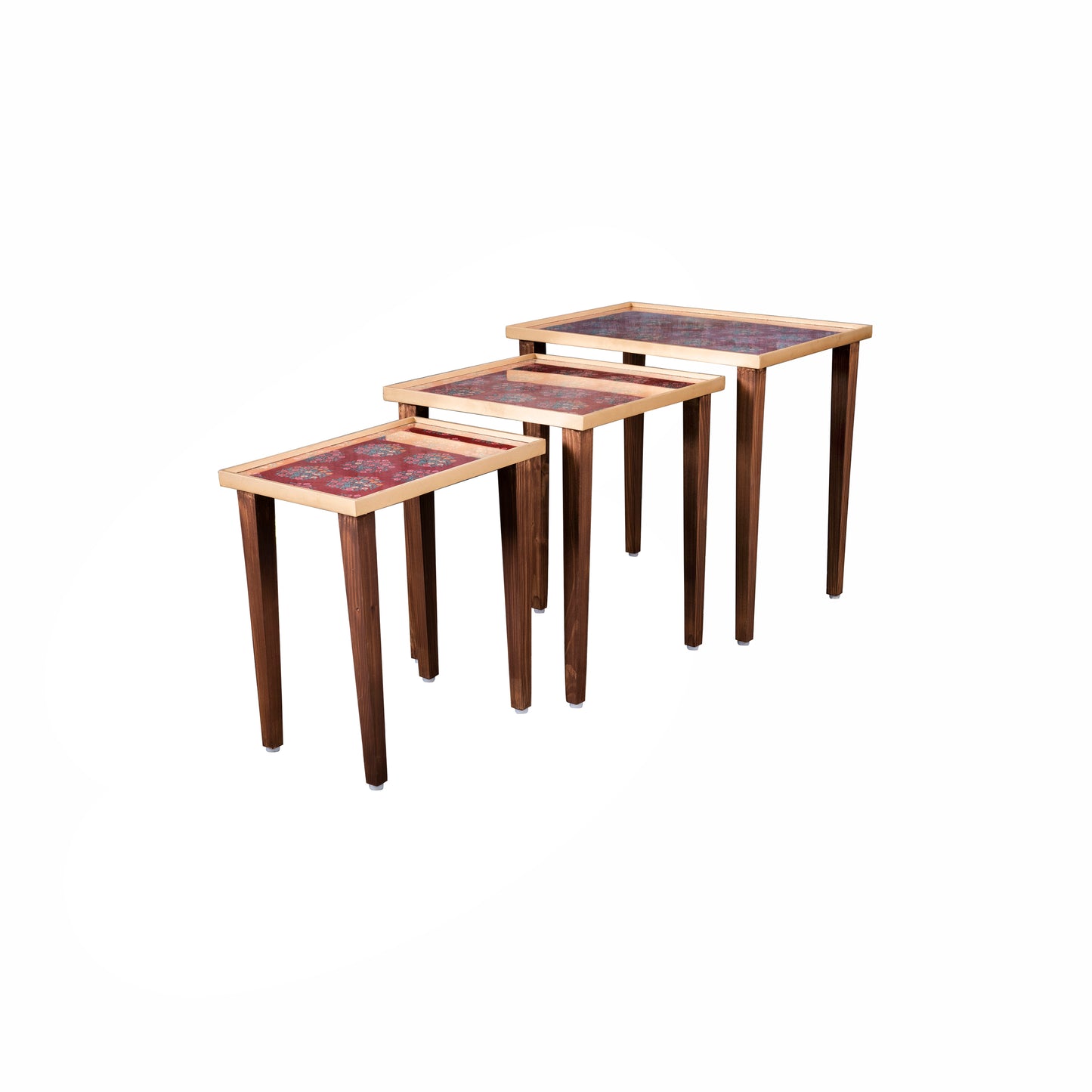 A Tiny Mistake Peach Floral Motifs Wooden Rectangle Nesting Tables (Set of 3), Living Room Decor