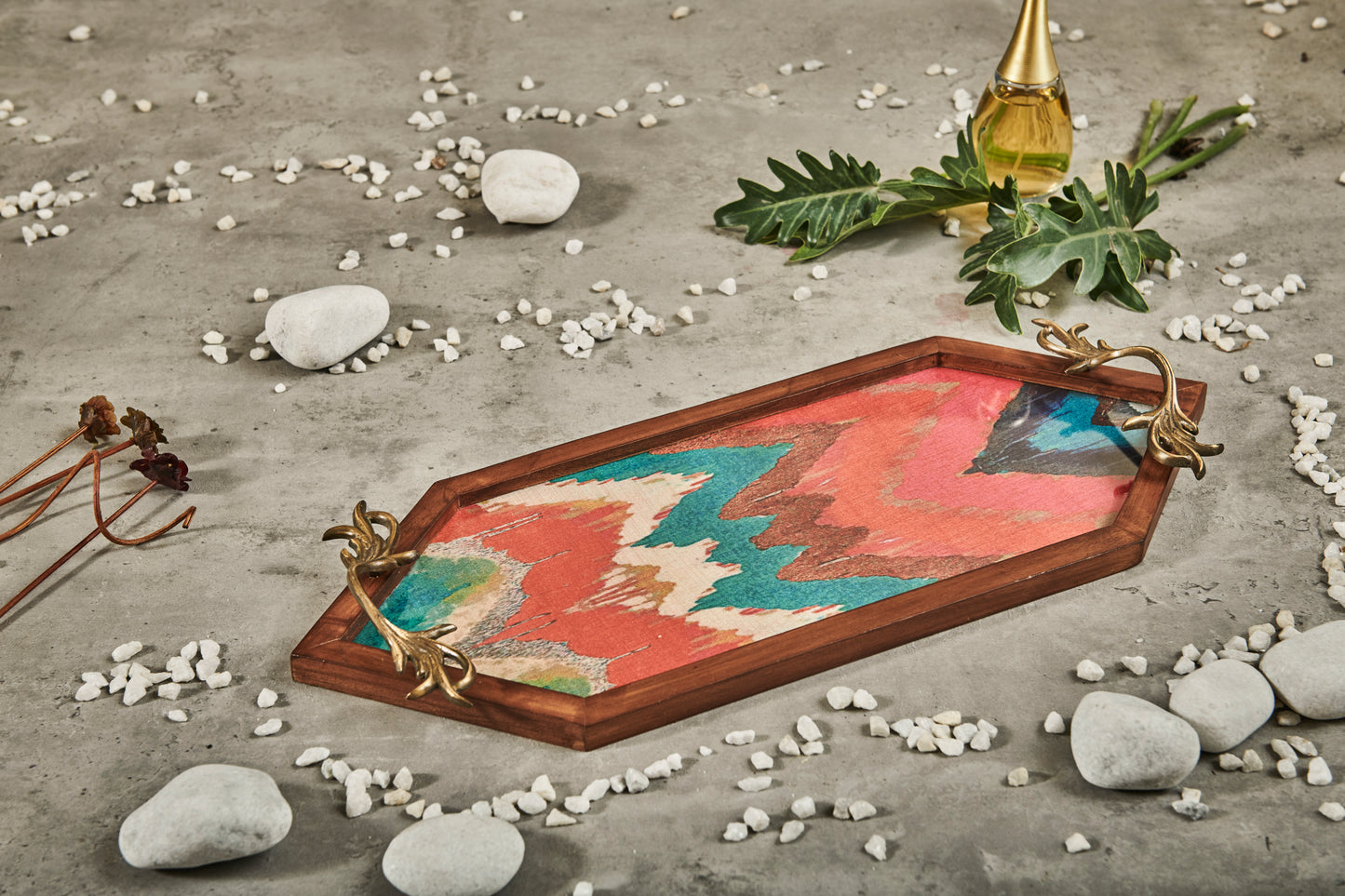 A Tiny Mistake Vibrant Ikat Print Diamond Shaped Teak Serving Tray with Brass Handle, Tray for Serving Tea and Snacks, 49 x 20 x 2 cm