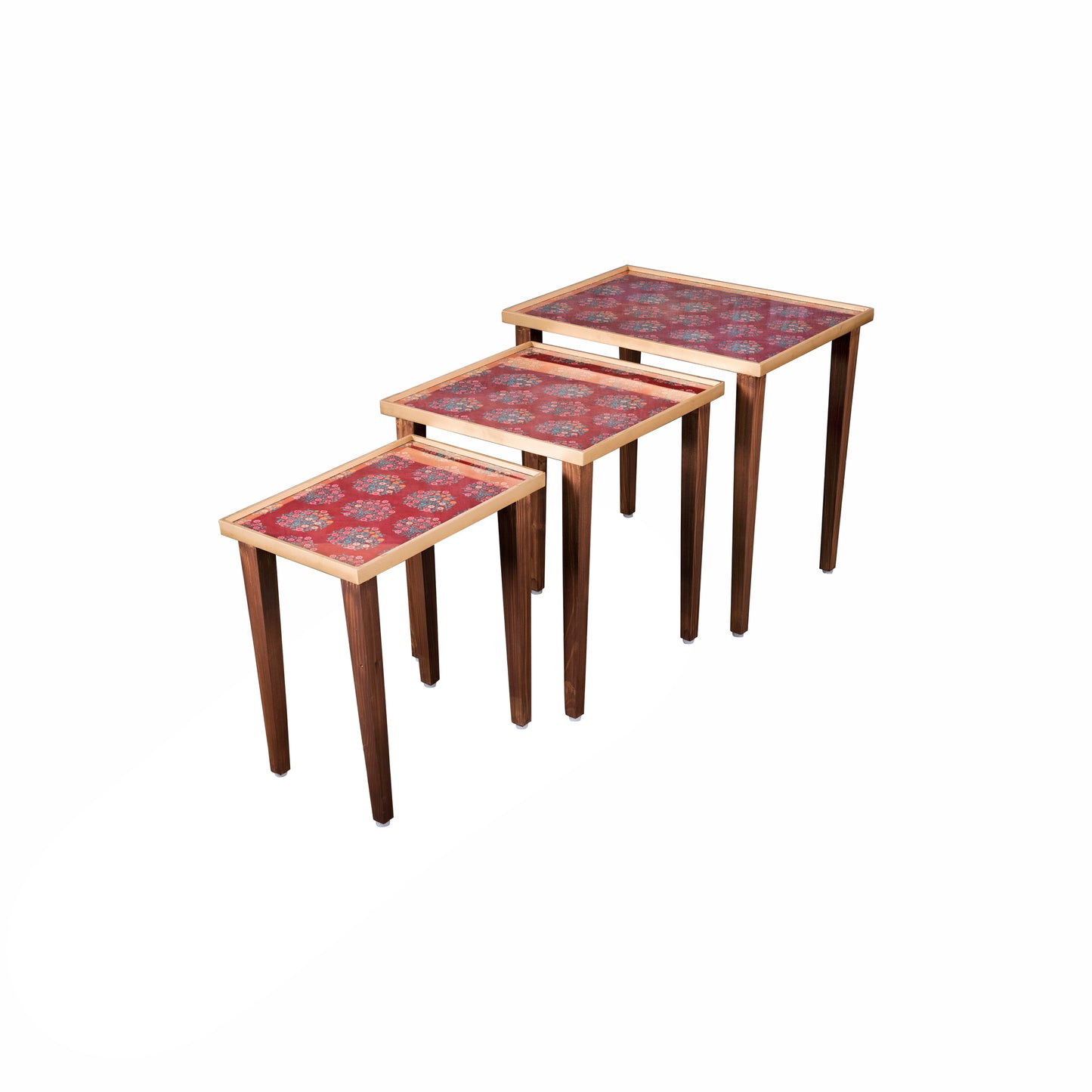 A Tiny Mistake Peach Floral Motifs Wooden Rectangle Nesting Tables (Set of 3), Living Room Decor