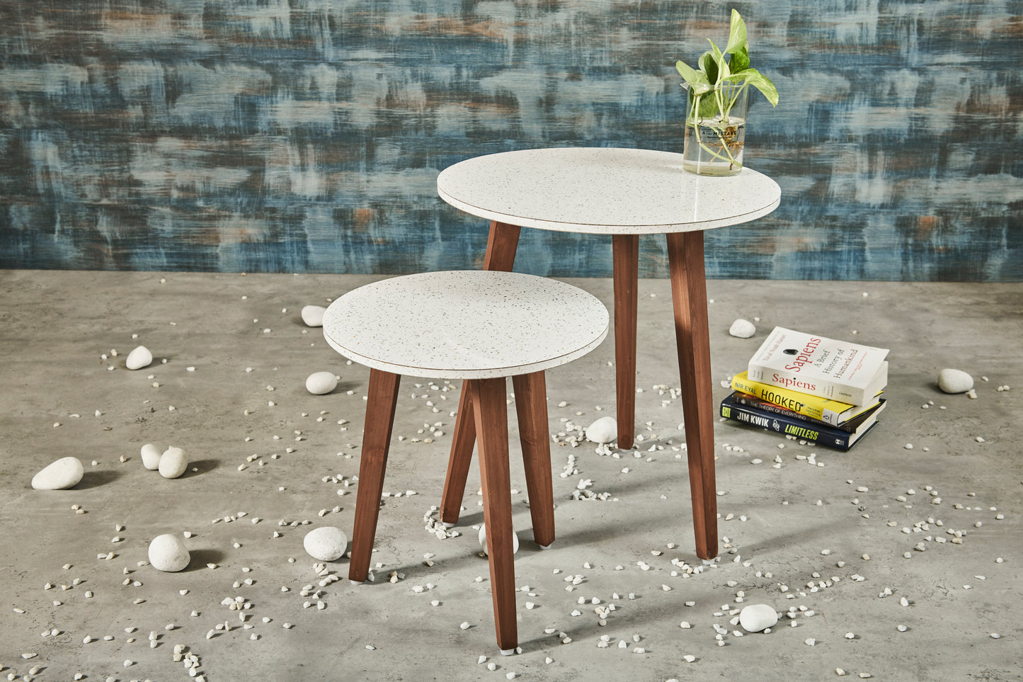 A Tiny Mistake White Granite Finish Wooden Nesting Tables (Set of 2), Living Room Decor