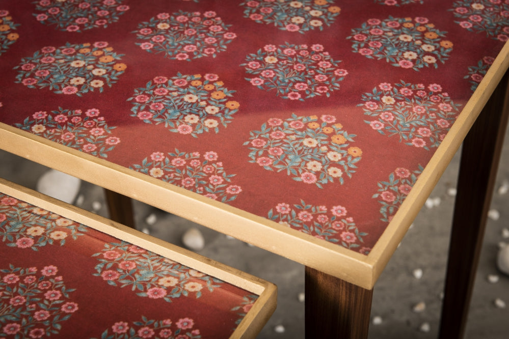 A Tiny Mistake Peach Floral Motifs Wooden Rectangle Nesting Tables (Set of 2), Living Room Decor