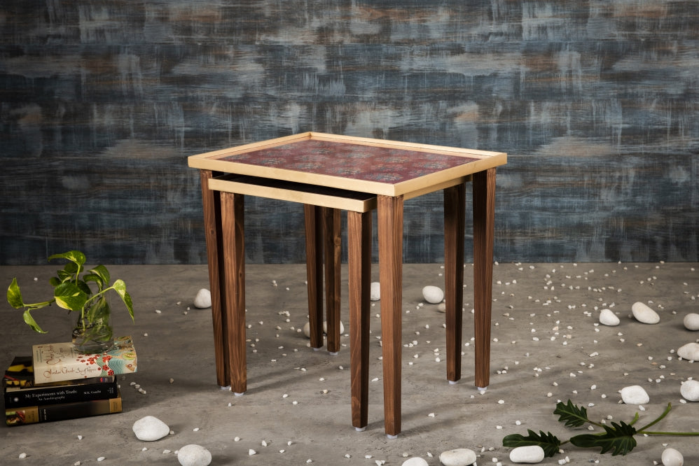 A Tiny Mistake Peach Floral Motifs Wooden Rectangle Nesting Tables (Set of 2), Living Room Decor
