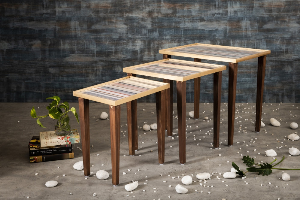 A Tiny Mistake Linen Lines Wooden Rectangle Nesting Tables (Set of 3), Living Room Decor