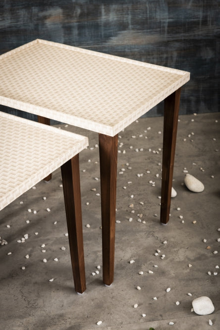 A Tiny Mistake Herringbone Beige Wooden Rectangle Nesting Tables (Set of 2), Living Room Decor