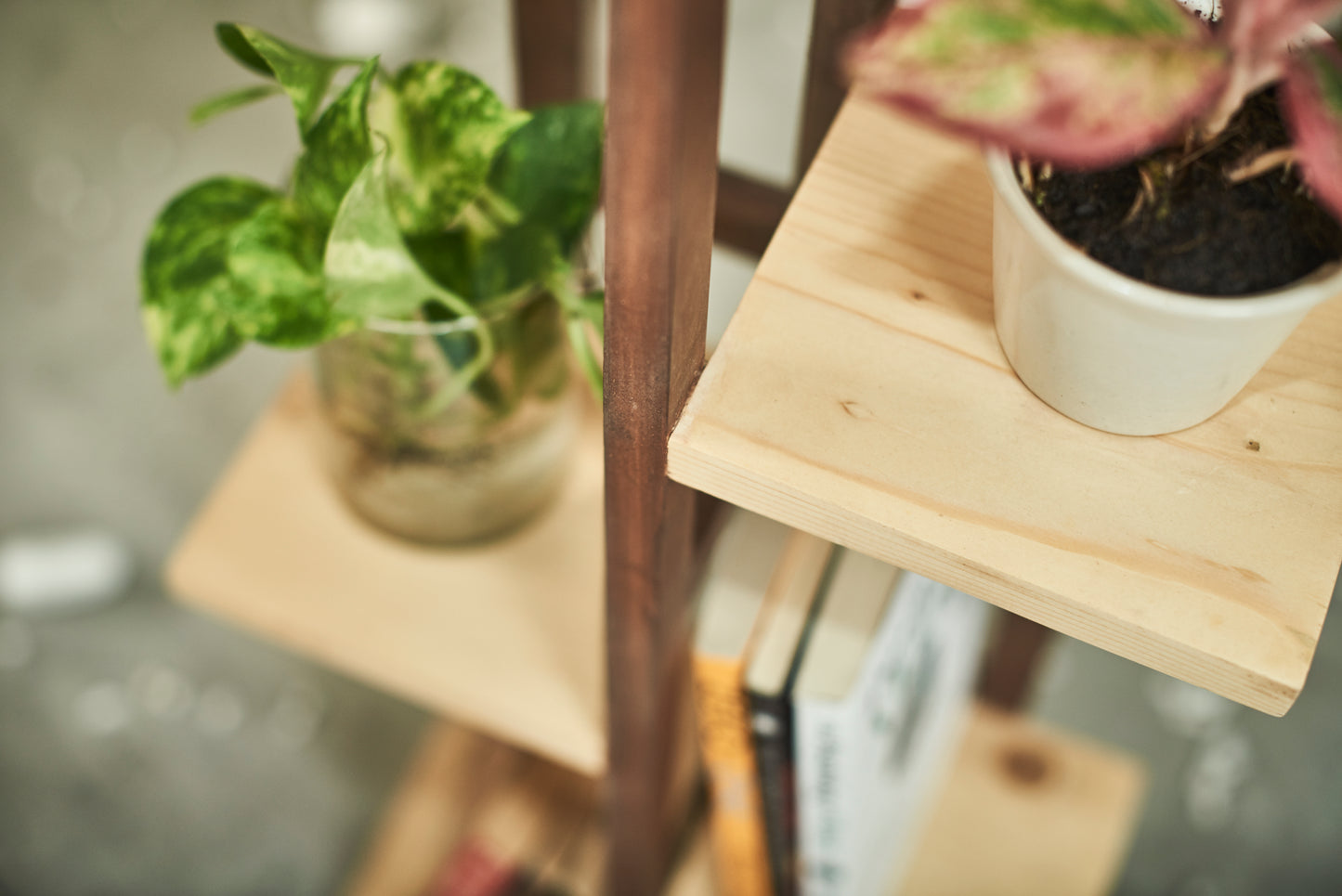 A Tiny Mistake All Purpose Five Tier Stand (One Piece) (For Planters, Ornaments and Accessories) (Dark Stand with Natural Pine Wood Planks)