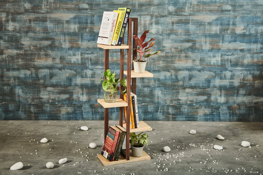 A Tiny Mistake All Purpose Five Tier Stand (One Piece) (For Planters, Ornaments and Accessories) (Dark Stand with Natural Pine Wood Planks)