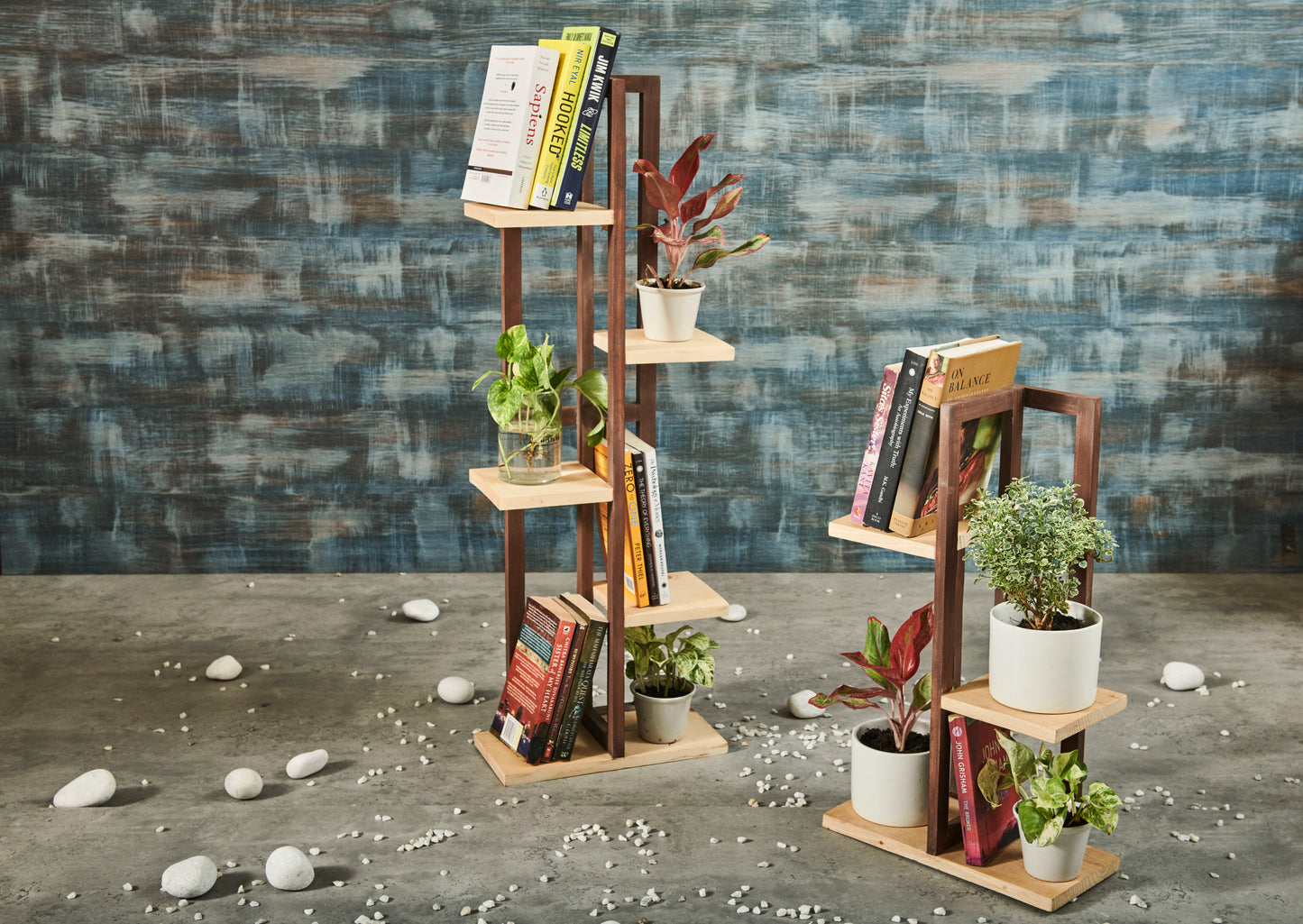 A Tiny Mistake All Purpose Five Tier Stand (One Piece) (For Planters, Ornaments and Accessories) (Dark Stand with Natural Pine Wood Planks)