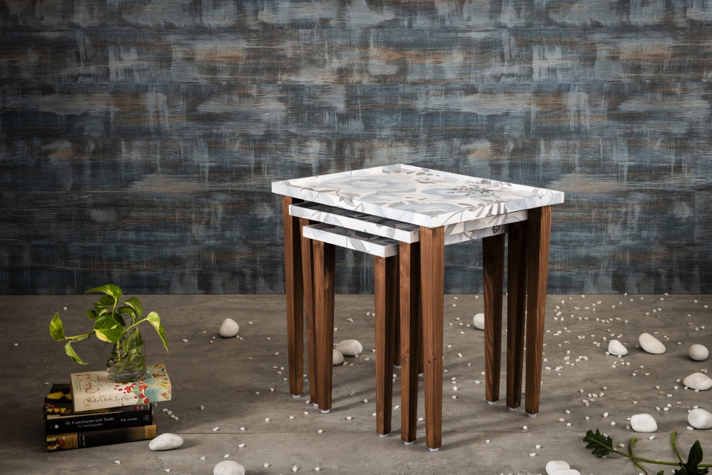 A Tiny Mistake Blossom (Blue and Grey) Wooden Rectangle Nesting Tables (Set of 3), Living Room Decor