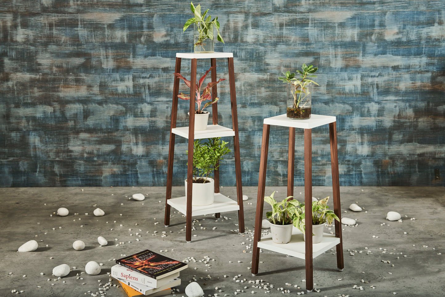 A Tiny Mistake Square Four Legged Tapering Three Tier Decorative Stand (Three Tiers) (White Base with Dark Legs)