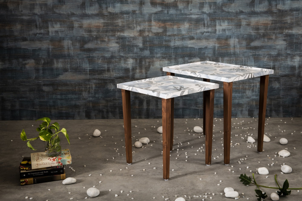 A Tiny Mistake Blossom (Blue and Grey) Wooden Rectangle Nesting Tables (Set of 2), Living Room Decor