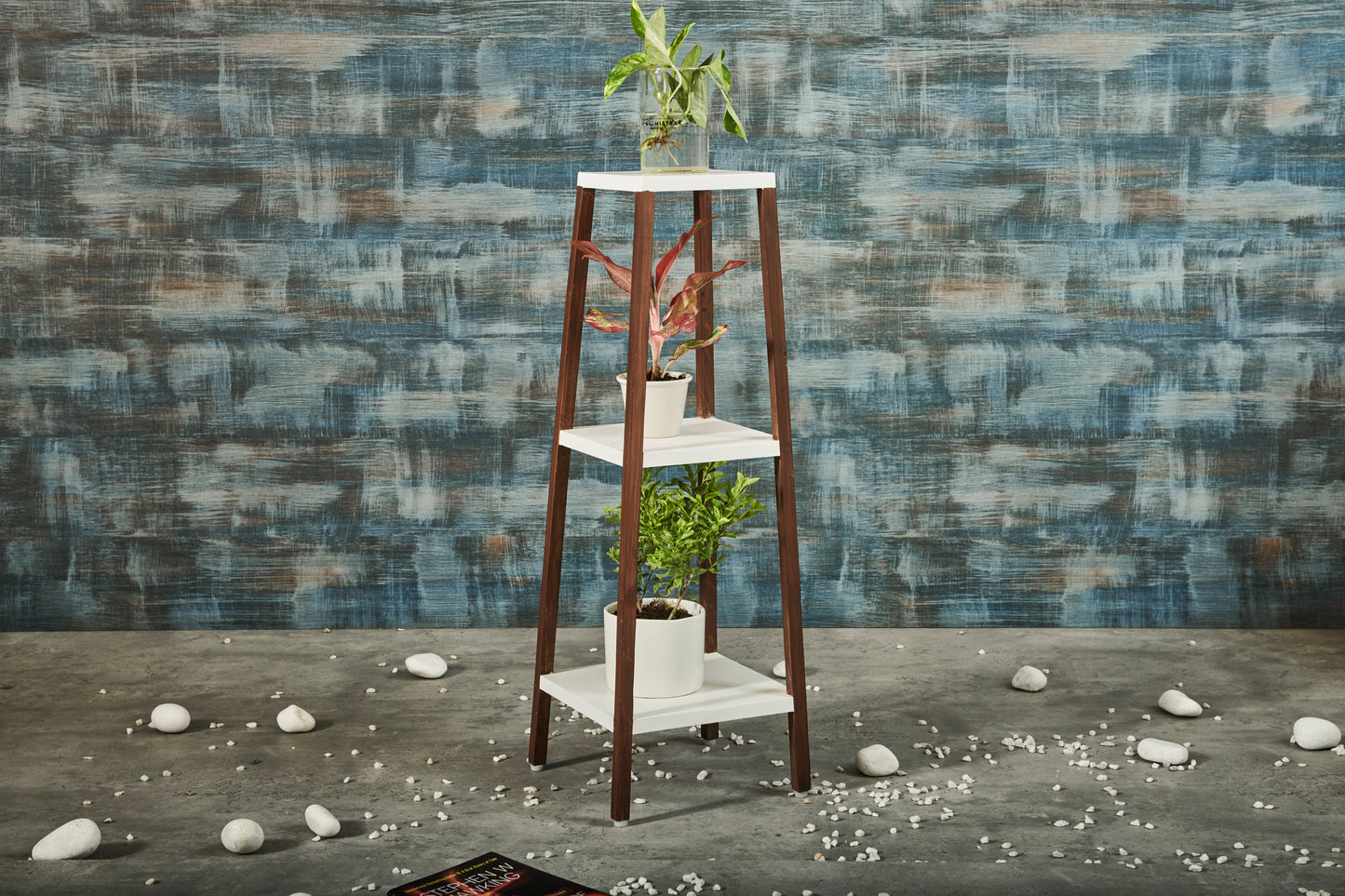 A Tiny Mistake Square Four Legged Tapering Three Tier Decorative Stand (Three Tiers) (White Base with Dark Legs)