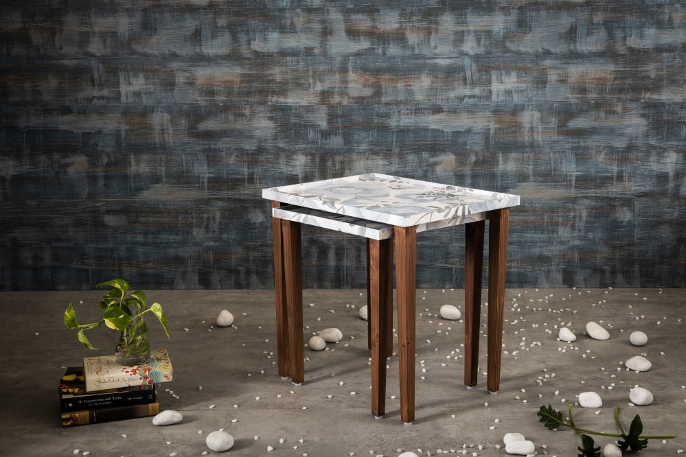 A Tiny Mistake Blossom (Blue and Grey) Wooden Rectangle Nesting Tables (Set of 2), Living Room Decor
