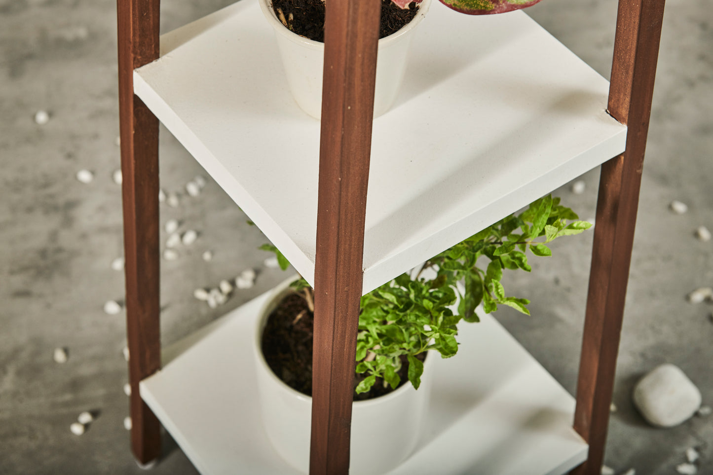 A Tiny Mistake Square Four Legged Tapering Three Tier Decorative Stand (Three Tiers) (White Base with Dark Legs)
