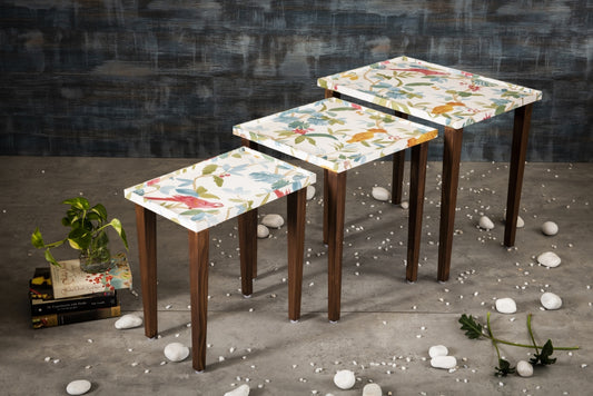 A Tiny Mistake Pakshi Wooden Rectangle Nesting Tables (Set of 3), Living Room Decor