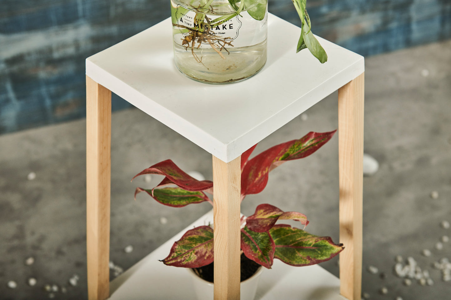 A Tiny Mistake Square Four Legged Tapering Three Tier Decorative Stand (Three Tiers) (White Base with Light Legs)
