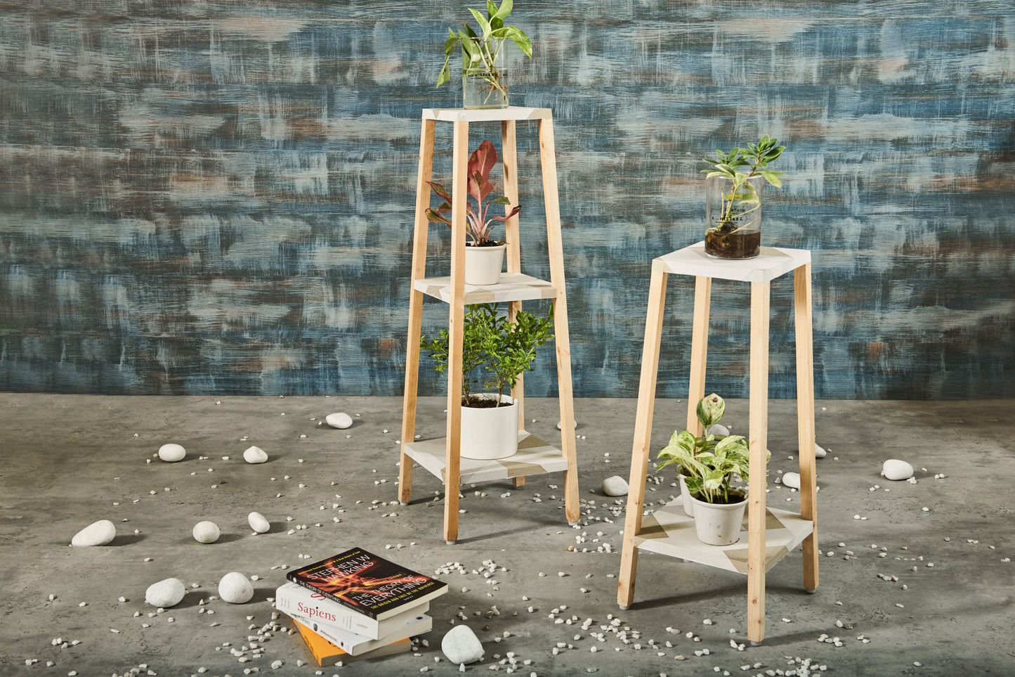 A Tiny Mistake Square Four Legged Tapering Three Tier Decorative Stand (Three Tiers) (Geometric Base with Light Legs)
