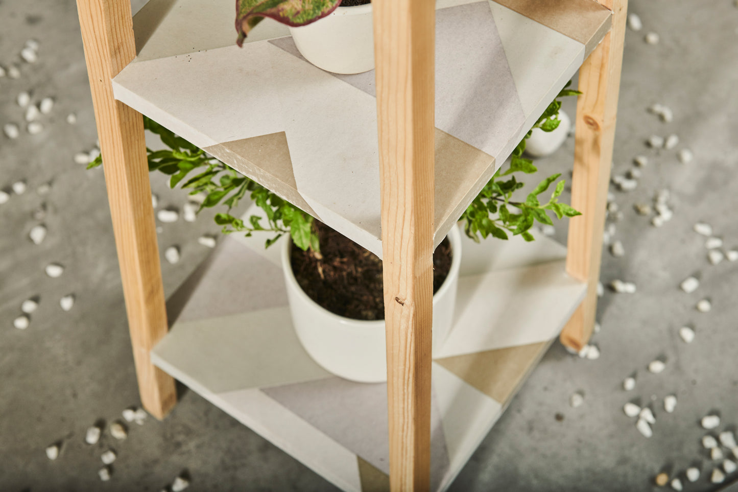 A Tiny Mistake Square Four Legged Tapering Three Tier Decorative Stand (Three Tiers) (Geometric Base with Light Legs)