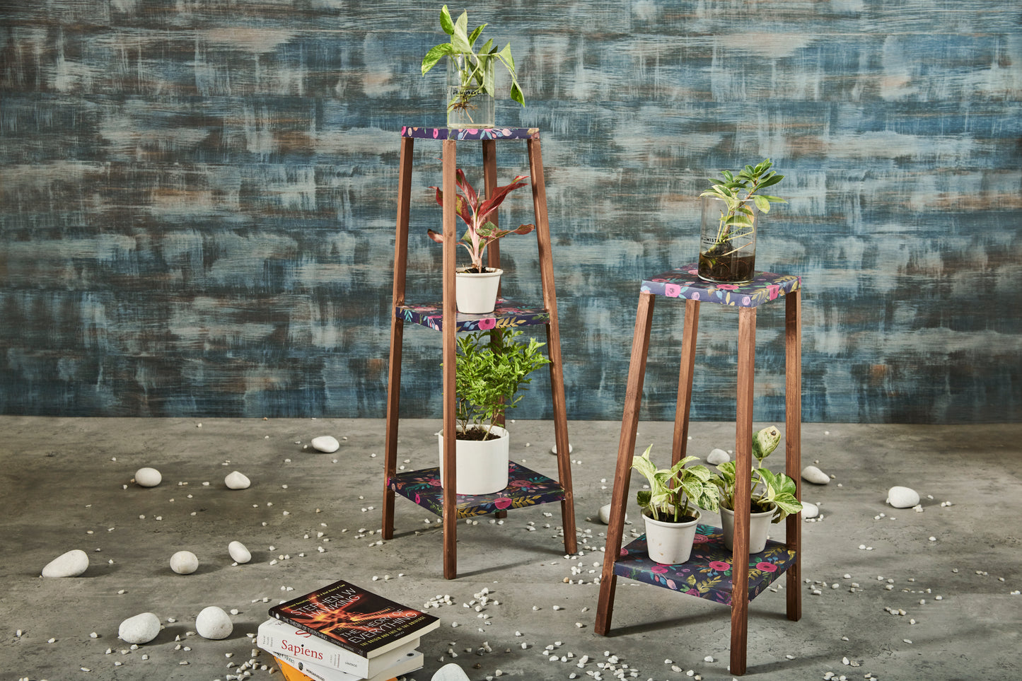 A Tiny Mistake Square Four Legged Tapering Three Tier Decorative Stand (Three Tiers) (Floral Base with Dark Legs)