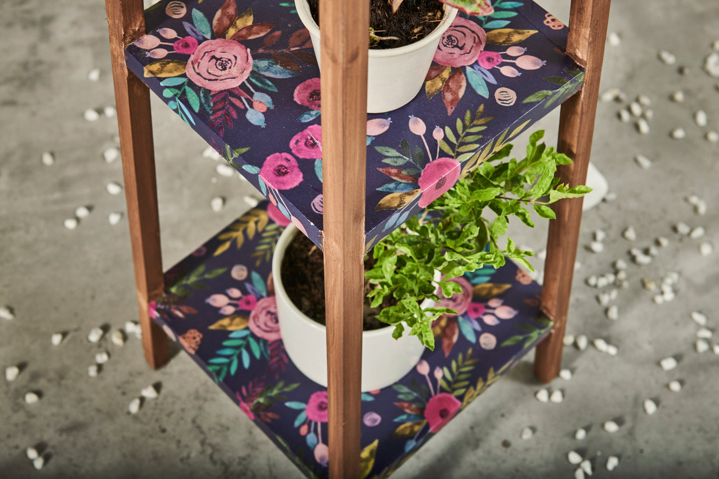 A Tiny Mistake Square Four Legged Tapering Three Tier Decorative Stand (Three Tiers) (Floral Base with Dark Legs)