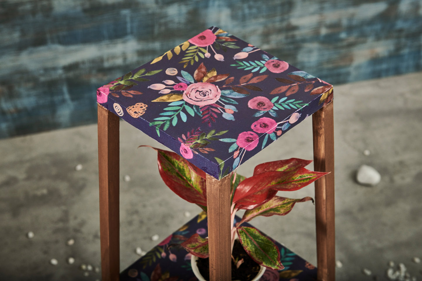 A Tiny Mistake Square Four Legged Tapering Three Tier Decorative Stand (Three Tiers) (Floral Base with Dark Legs)