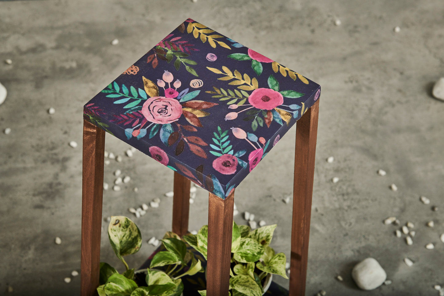A Tiny Mistake Square Four Legged Tapering Two Tier Decorative Stand (Two Tiers) (Floral Base with Dark Legs)
