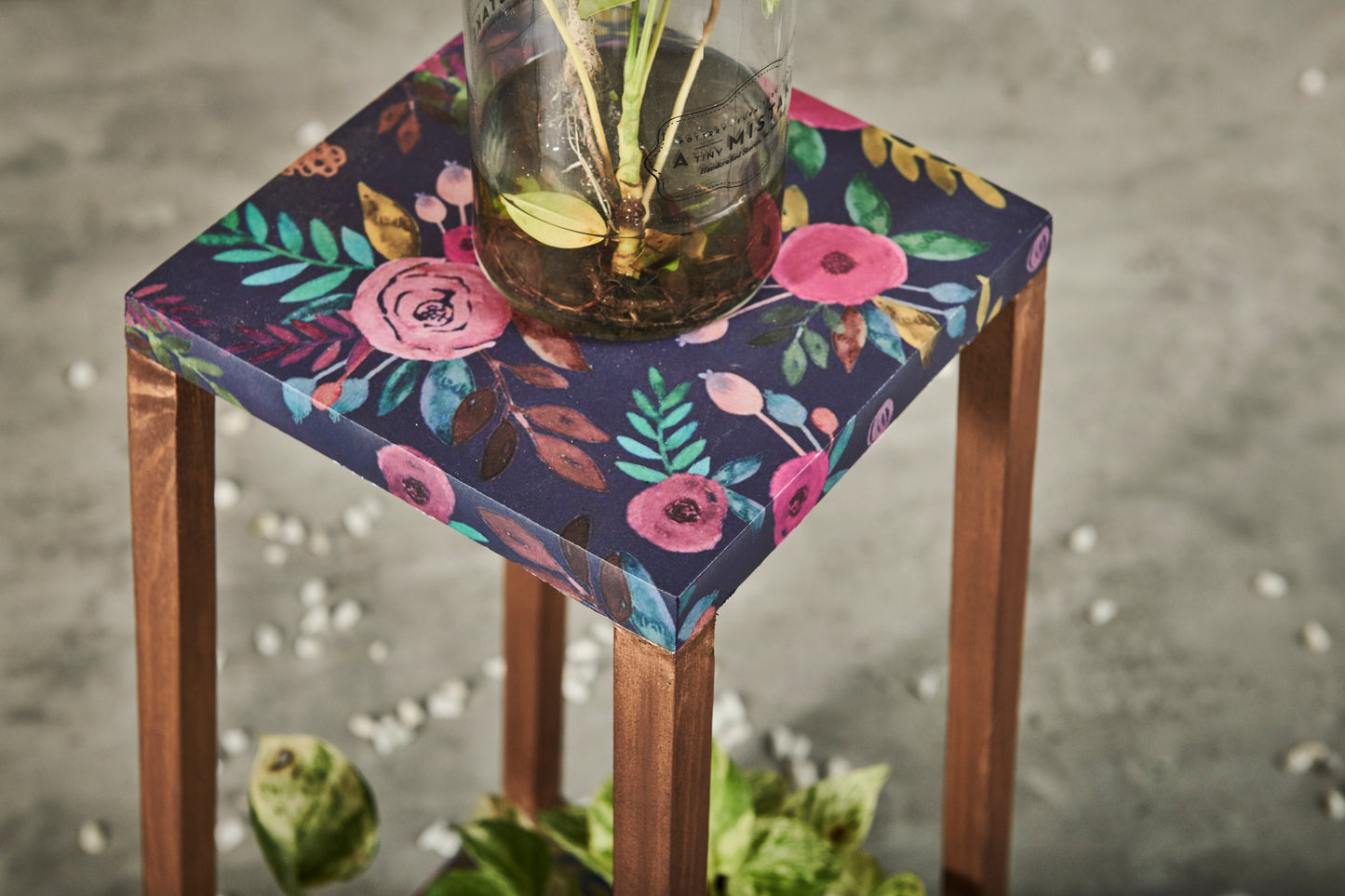 A Tiny Mistake Square Four Legged Tapering Two Tier Decorative Stand (Two Tiers) (Floral Base with Dark Legs)
