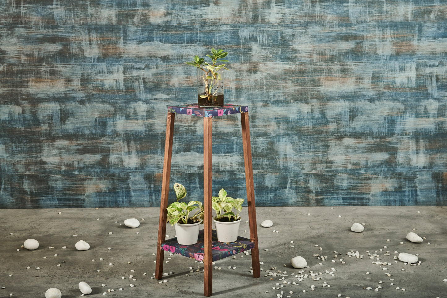A Tiny Mistake Square Four Legged Tapering Two Tier Decorative Stand (Two Tiers) (Floral Base with Dark Legs)