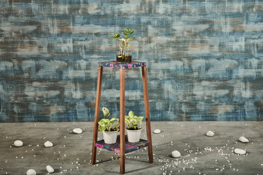 A Tiny Mistake Square Four Legged Tapering Two Tier Decorative Stand (Two Tiers) (Floral Base with Dark Legs)