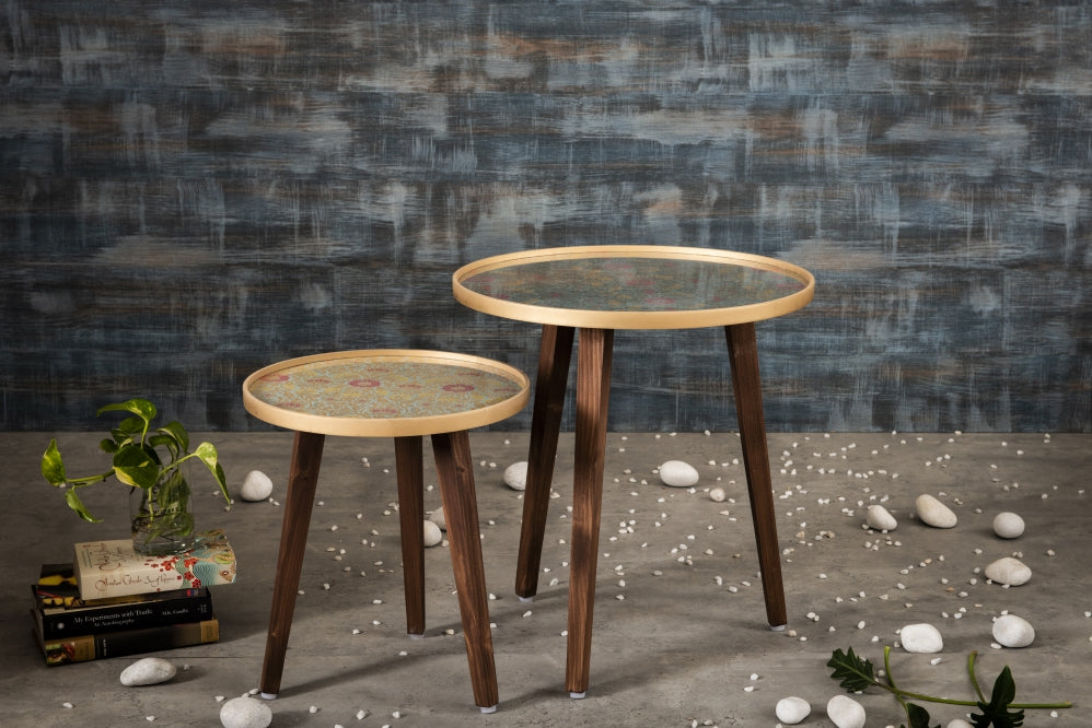 A Tiny Mistake Khimkhwab Weave Brocade Wooden Nesting Tables (Set of 2), Living Room Decor