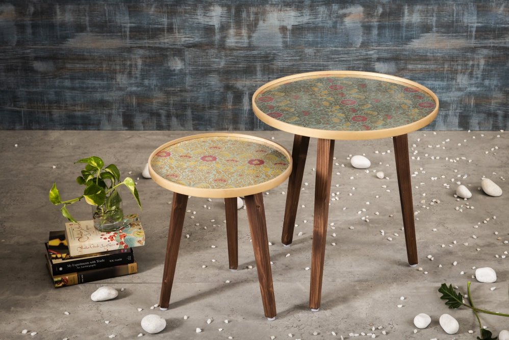 A Tiny Mistake Khimkhwab Weave Brocade Wooden Nesting Tables (Set of 2), Living Room Decor