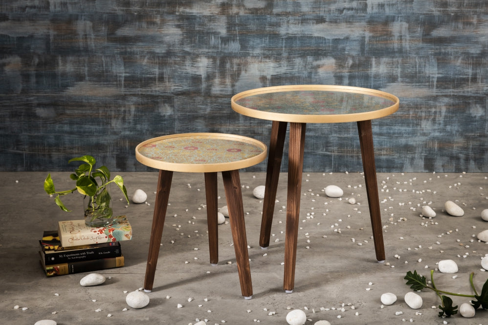 A Tiny Mistake Khimkhwab Weave Brocade Wooden Nesting Tables (Set of 2), Living Room Decor