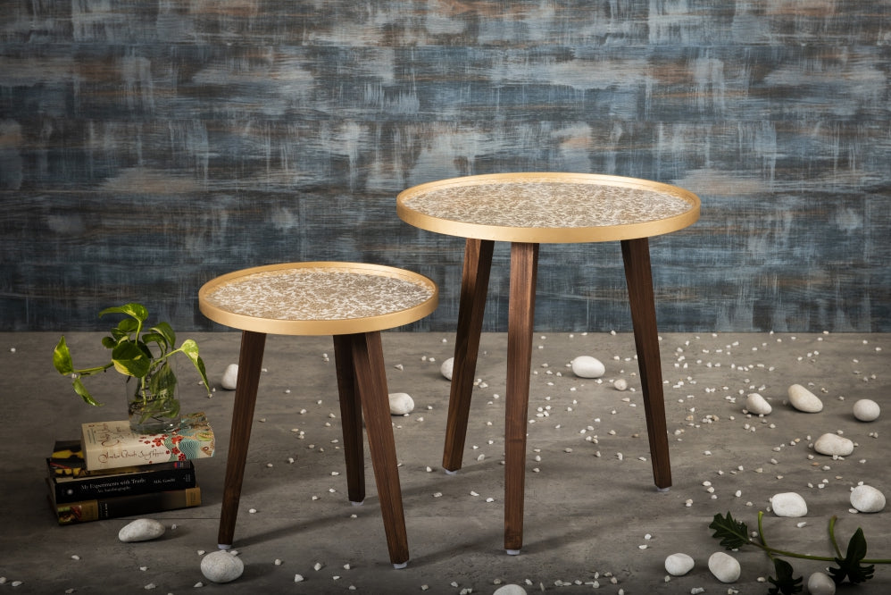 A Tiny Mistake Majestic Cream Brocade Wooden Nesting Tables (Set of 2), Living Room Decor
