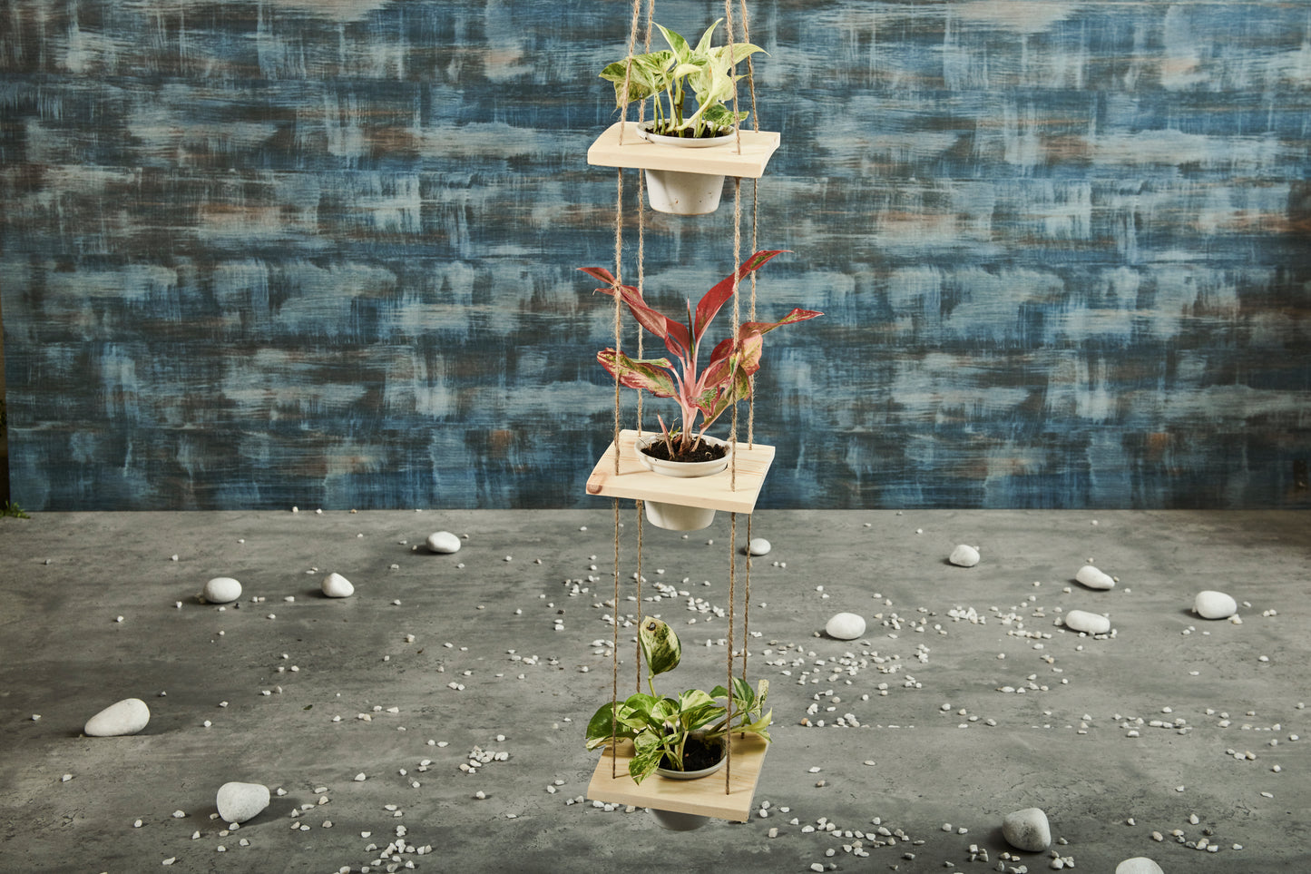 A Tiny Mistake Hanging Pinewood and Ceramic Planter Vertical, Indoor Planter for Home Decor, Wooden Planter with Three Pots (Natural)