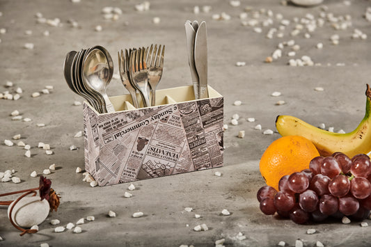 A Tiny Mistake Vintage Newspaper Wooden Cutlery Holder, 18 x 10 x 6.5 cm