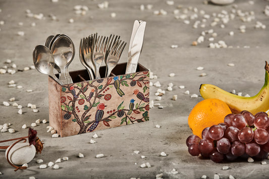 A Tiny Mistake Vintage Birds Wooden Cutlery Holder, 18 x 10 x 6.5 cm