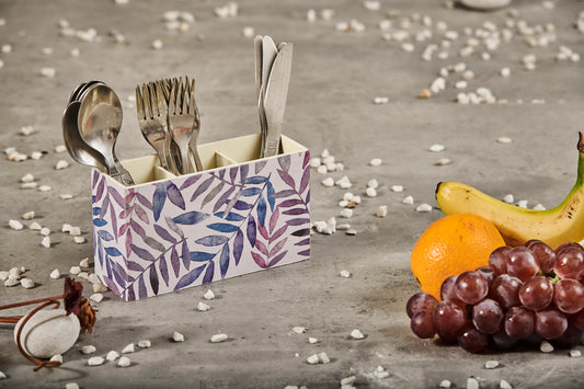 A Tiny Mistake Pastel Leaves Wooden Cutlery Holder, 18 x 10 x 6.5 cm