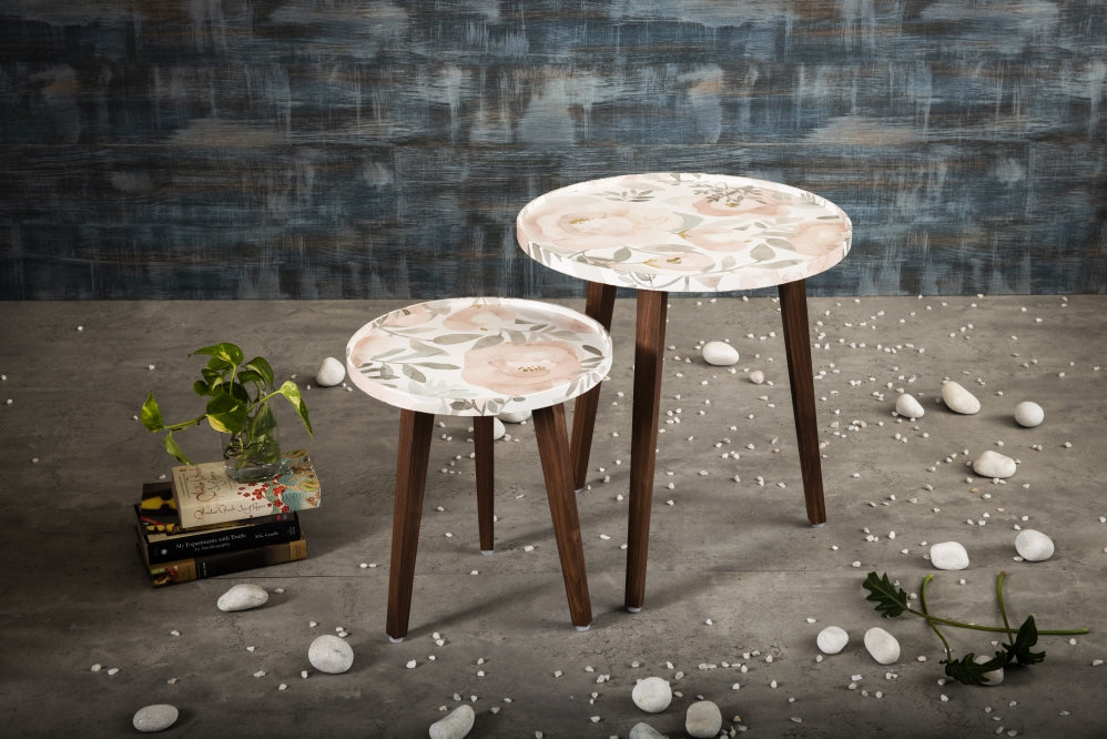 A Tiny Mistake Blossom (Peach and Pink) Wooden Nesting Tables (Set of 2), Living Room Decor