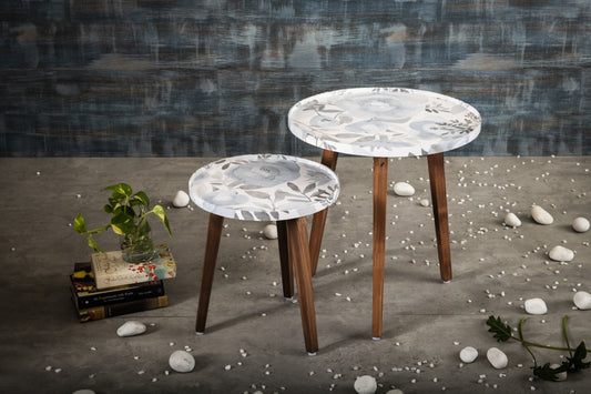 A Tiny Mistake Blossom (Blue and Grey) Wooden Nesting Tables (Set of 2), Living Room Decor