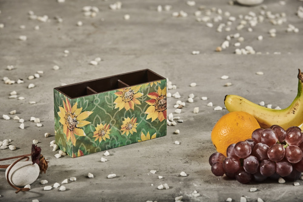 A Tiny Mistake Sunflowers Wooden Cutlery Holder, 18 x 10 x 6.5 cm