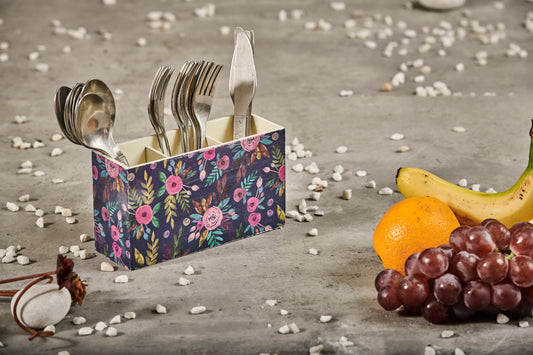 A Tiny Mistake Blue Floral Pattern Wooden Cutlery Holder, 18 x 10 x 6.5 cm